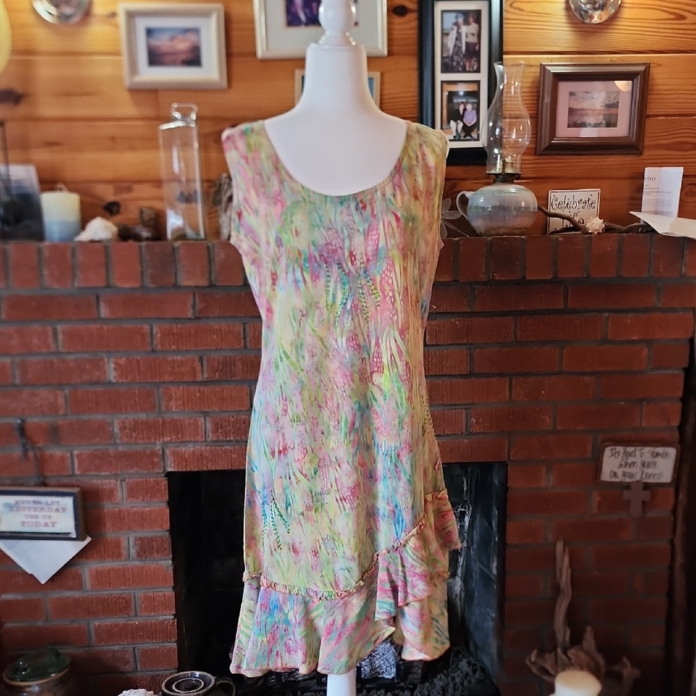 Sleeveless Pastel Watercolor Ruffle Hem Dress - Multi
